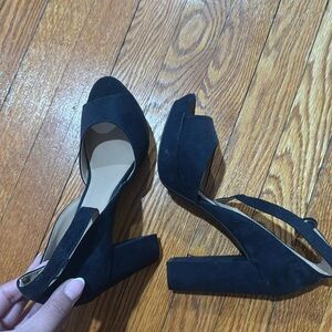 Sun and stone and navy peep toe heels